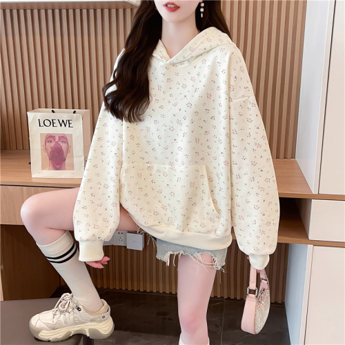 Actual shot of Korean style loose imitation cotton floral print thin hooded sweatshirt for women