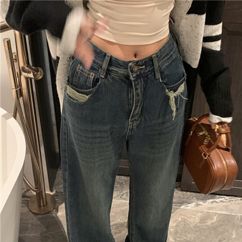 Real shot!  High-waisted retro ripped straight jeans for women autumn new loose wide-leg pants