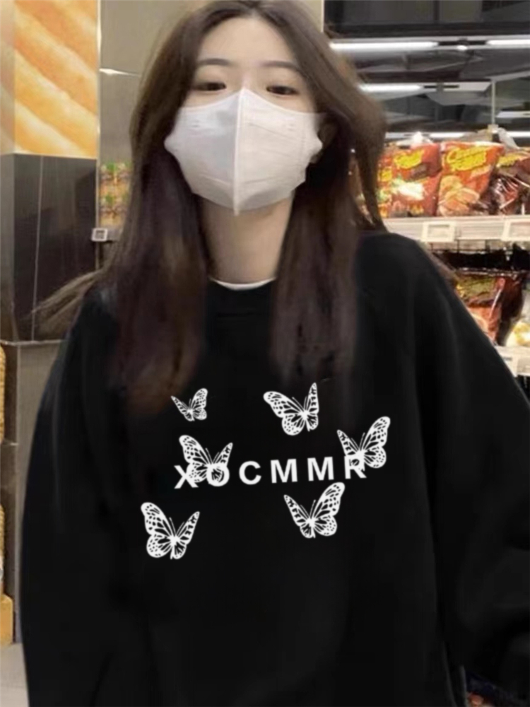 Cotton Heavyweight Thin / Fleece-lined Silver Fox Fleece Loose Korean-style Printed Sweatshirt for Women - New Fall/Winter Trendy