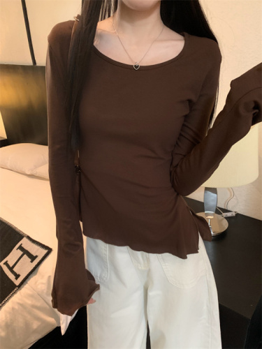 Real shots of round neck short tops for women, autumn inner layering shirts, sweet and spicy horns, thickened long-sleeved T-shirts