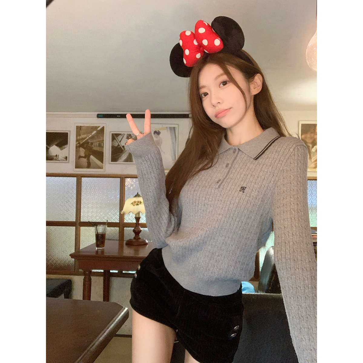 Photographed Autumn/Winter Korean-style College Button Polo Collar Corded Design Andy Wool Knit Base Top for Women