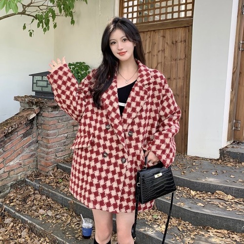 Maillard retro plaid suit woolen coat for women autumn and winter new style versatile high-end temperament woolen coat