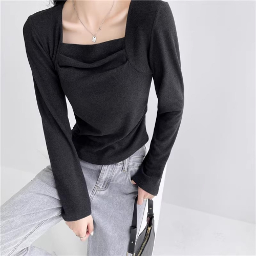 280g German velvet bottoming shirt design layered square collar long-sleeved T-shirt for women autumn pure lusty style slimming top