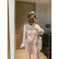 實拍 秋冬韓版圓領彩虹拼色鏤空設計針織套頭長袖內搭上衣