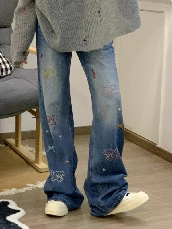 Retro embroidered straight jeans for women in early autumn new design high-waist slim narrow wide-leg trousers