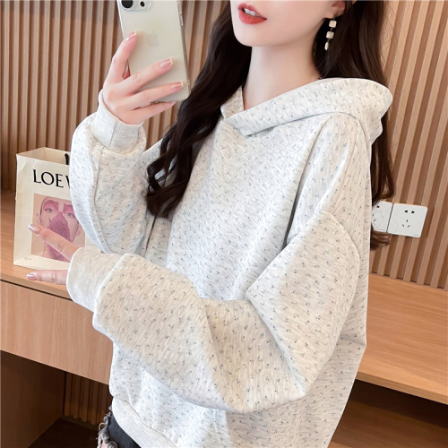 Actual shot of Korean style loose imitation cotton floral print thin hooded sweatshirt for women