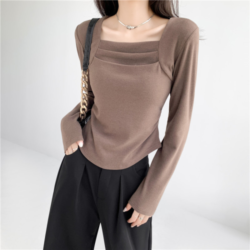 280g German velvet bottoming shirt design layered square collar long-sleeved T-shirt for women autumn pure lusty style slimming top