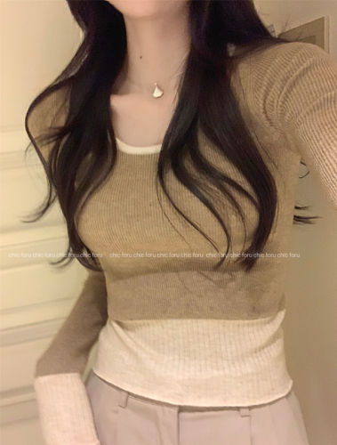 Real shot~Contrast color knitted bottoming women's autumn and winter new versatile slimming round neck top