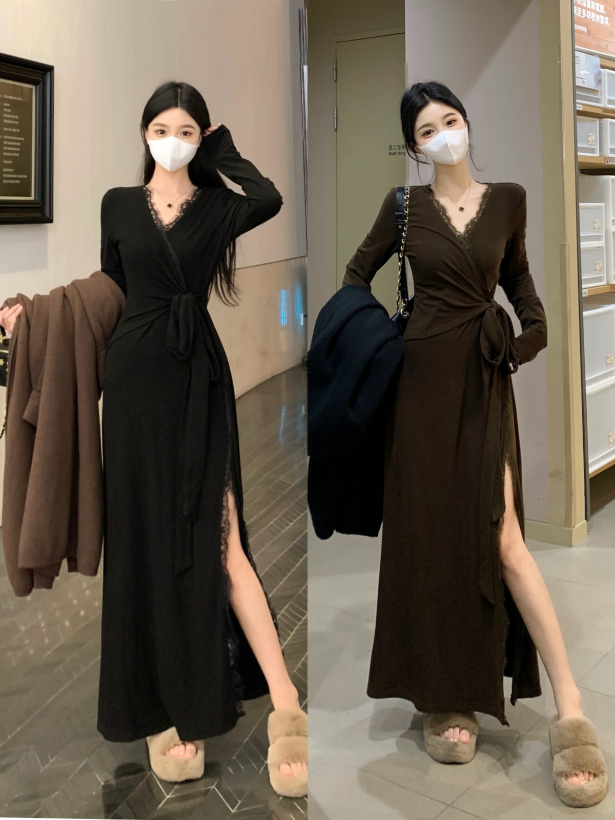 實拍~  純欲氛圍感蕾絲邊拼接一片式綁帶V領薄絨開叉顯瘦連衣裙