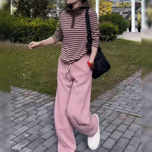 Pink casual sports suit for women autumn 2024 new style striped top and sweatpants two-piece set