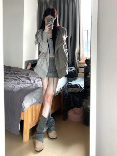 Super nice gray hooded sweatshirt for women 2024 autumn and winter mid-length loose niche design jacket top