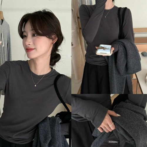 High-elastic soft waxy gray round neck long-sleeved right-shoulder bottoming shirt for women in autumn and winter with a high-quality inner bottoming T-shirt top