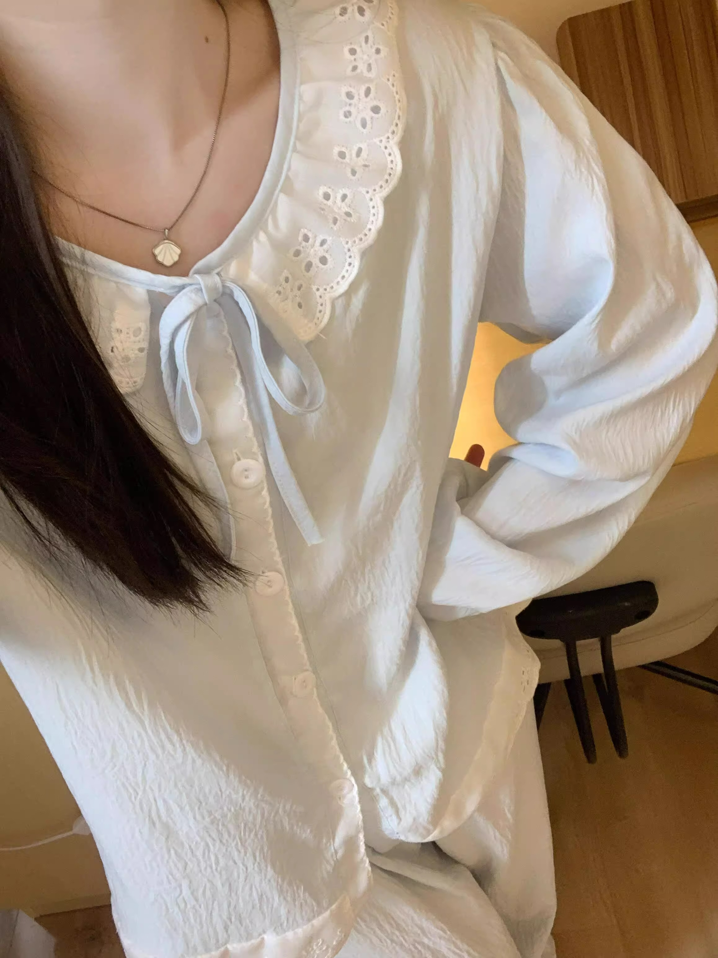 Real shot Yunduo cotton Korean version blue lace long-sleeved pajamas for women 2024 new Yunduo cotton home wear