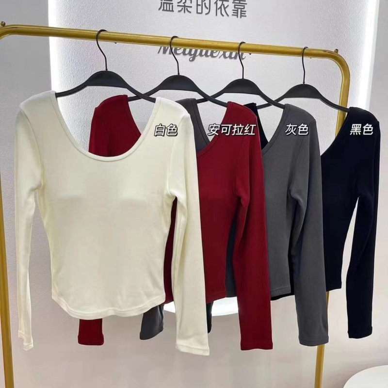~秋冬磨毛圓領修身內搭帶胸墊長袖上衣
