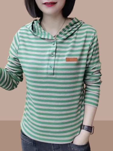 New spring and autumn long-sleeved hooded T-shirt women's short casual versatile cotton striped T-shirt top bottoming shirt