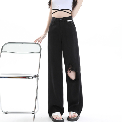 Tencel denim wide-leg pants summer thin ice silk drape loose ripped straight pants for women