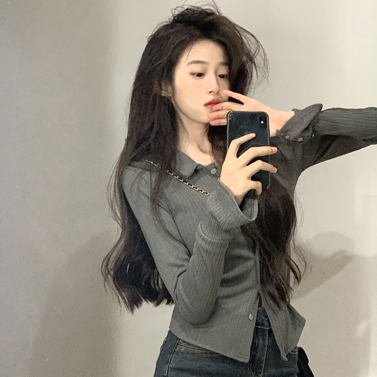 Imitation Cotton Pleated Stripe Pure Desire Polo Neck Long Sleeve T-Shirt Women's Spring and Autumn Design Sensual Slimming Underwear 