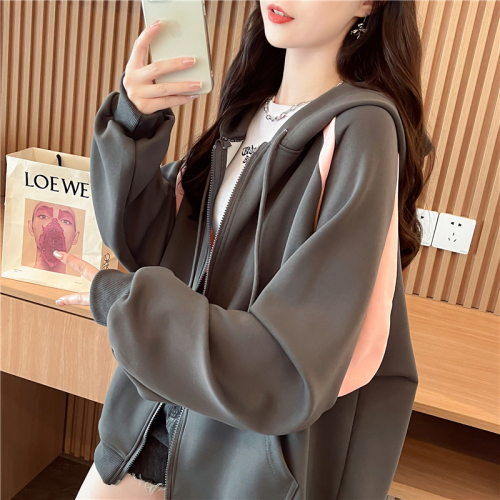 Actual shot of Korean style loose imitation cotton spliced ​​zipper color thin hooded sweatshirt for women