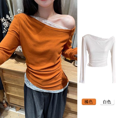 Orange slanted shoulder lace splicing long-sleeved T-shirt for women 2024 early autumn new Korean style slim-fitting off-shoulder top