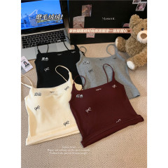 實拍~秋冬磨毛保暖背心蝴蝶結刺繡一體式設計感吊帶上衣