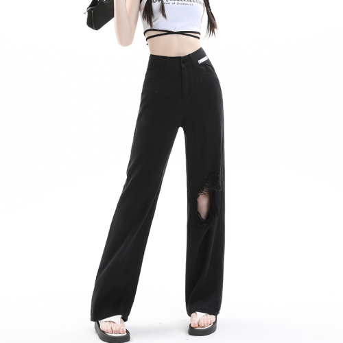 Tencel denim wide-leg pants summer thin ice silk drape loose ripped straight pants for women