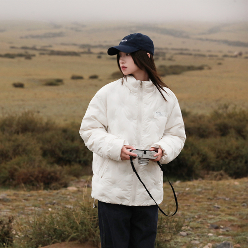 Milky blue warm embossed rhombus cotton jacket winter hot style versatile casual couple jacket for women