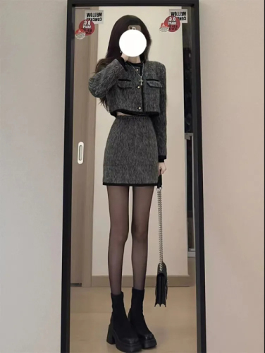 Original Quality Set Dress Autumn Slimming Petite Girl Little Black Dress Short Coat Skirt Pure Desire Two-Piece Set