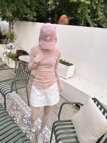 Pink thin slightly see-through curled front shoulder long-sleeved T-shirt for women in early autumn slim fit inner layering shirt and tight top