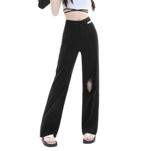 Tencel denim wide-leg pants summer thin ice silk drape loose ripped straight pants for women