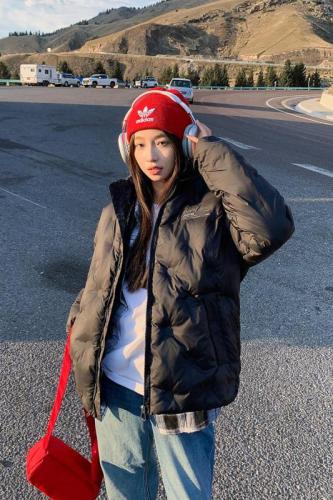 Milky blue warm embossed rhombus cotton jacket winter hot style versatile casual couple jacket for women