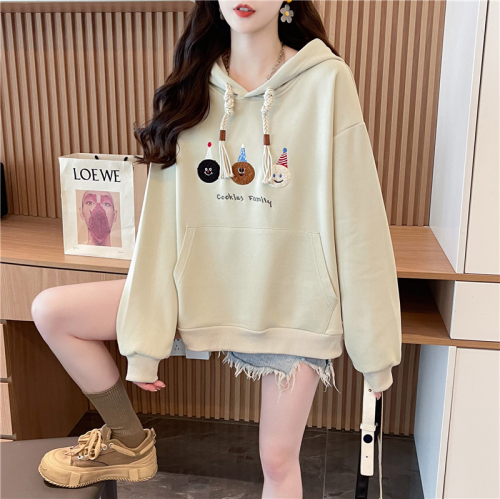 Real shot Korean style loose imitation cotton Chinese cotton embroidered thin hooded sweatshirt for women