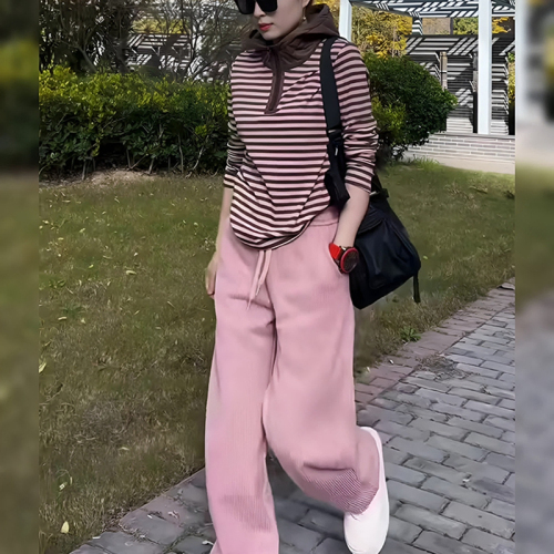 Pink casual sports suit for women autumn 2024 new style striped top and sweatpants two-piece set