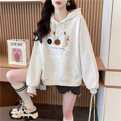 Real shot Korean style loose imitation cotton Chinese cotton embroidered thin hooded sweatshirt for women