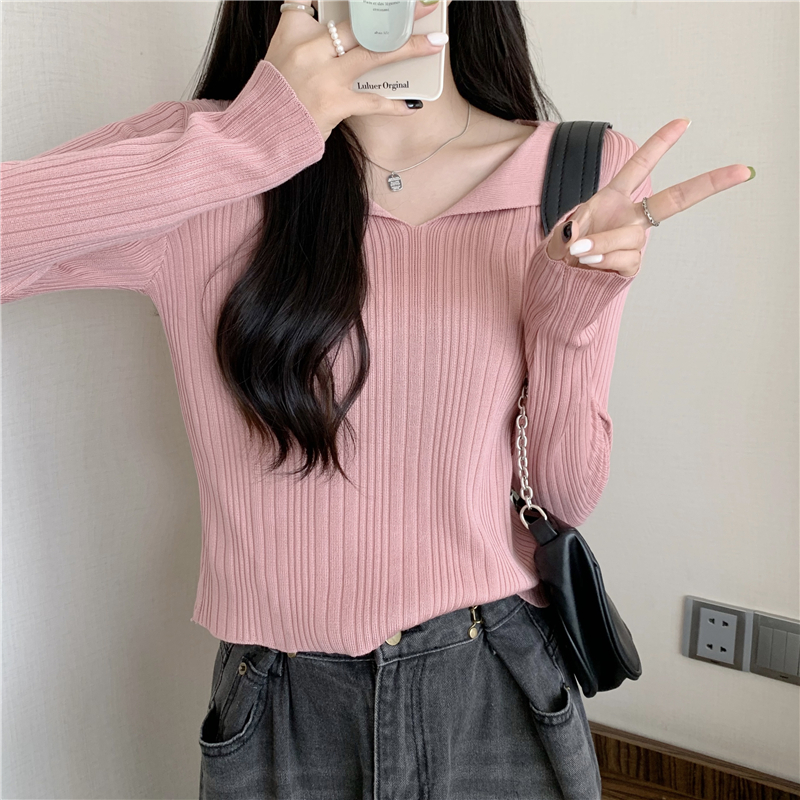 Actual price Western-style V-age solid color versatile long-sleeved knitted bottoming shirt T-shirt women's top