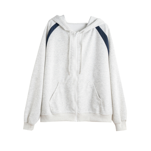 Actual shot of Korean style loose imitation cotton spliced ​​zipper color thin hooded sweatshirt for women