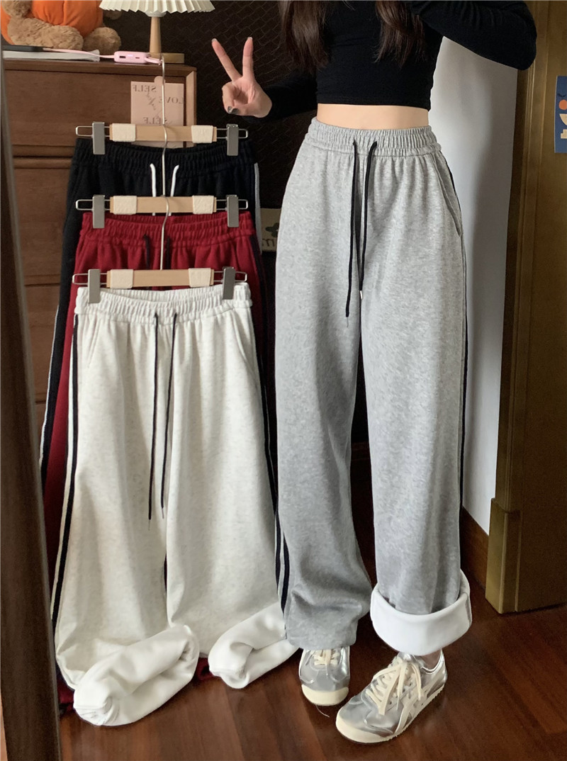 Shot Autumn/Winter Three Stripes Fleece Lined Thick Gray Athletic Pants with Ankle Hem Straight Leg Versatile Casual Wide Leg Pants
