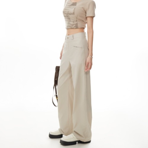 #American straight overalls for women spring and autumn new apricot color small high waist slim casual floor mopping trousers