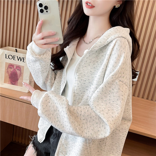 Actual shot of Korean style loose Chinese cotton small floral fabric printed zipper thin hooded sweatshirt for women