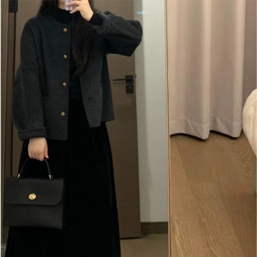 French style black double-sided cashmere woolen coat for women autumn and winter wool double-sided woolen short woolen coat