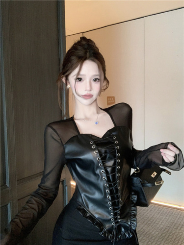 Actual shot~Autumn new style American retro hottie high-elastic strap mesh splicing PU leather long-sleeved T-shirt top