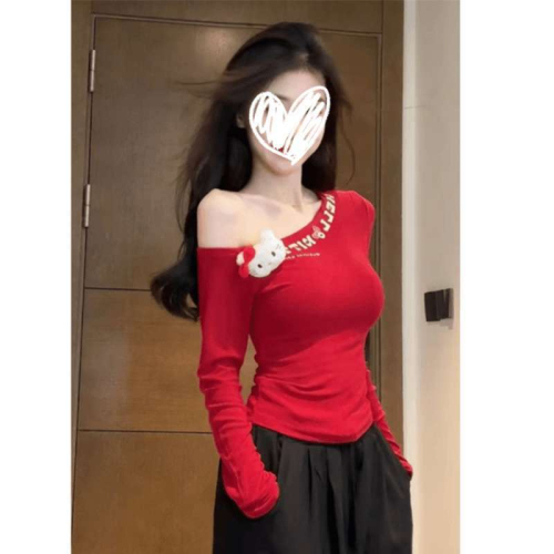 1*1 rayon 260g with cartoon doll sexy hot girl slope collar long sleeve T-shirt for women