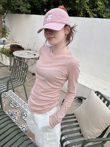 Pink thin slightly see-through curled front shoulder long-sleeved T-shirt for women in early autumn slim fit inner layering shirt and tight top