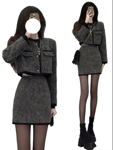 Original Quality Set Dress Autumn Slimming Petite Girl Little Black Dress Short Coat Skirt Pure Desire Two-Piece Set