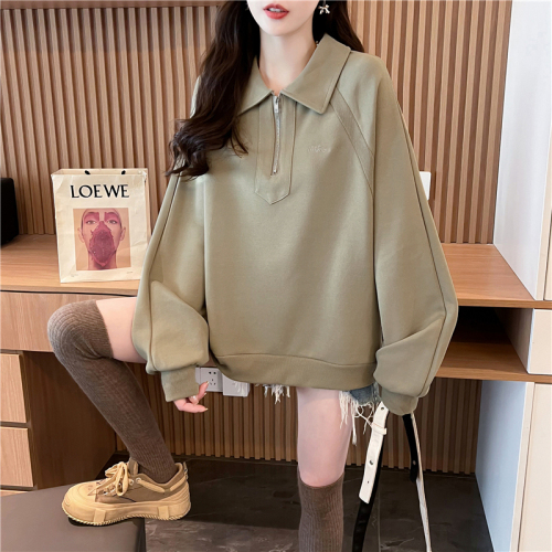 Actual shot of Korean style loose imitation cotton spliced ​​zipper embroidered thin hooded sweatshirt for women