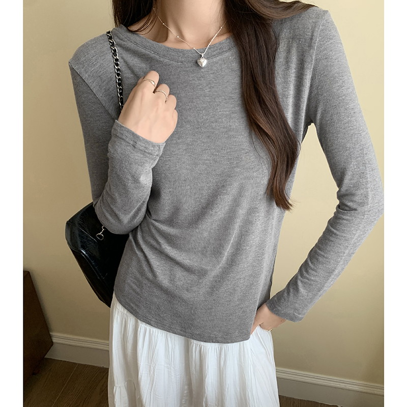Women's Autumn Thin Crew Neck T-Shirt with Loose Straight Shoulders, Soft and Elastic Long-Sleeved Top, Korean Style