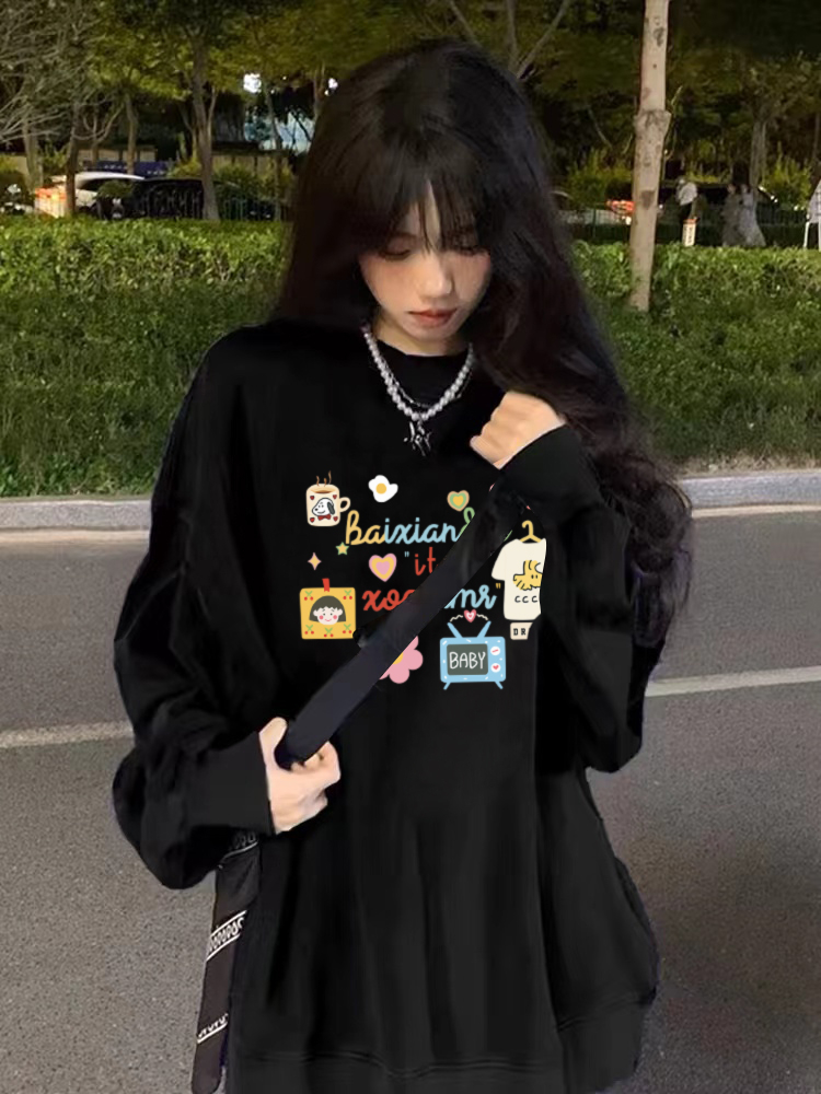 Cotton Heavyweight Thin / Fleece-lined Silver Fox Fleece Loose Korean Style Printed Sweatshirt for Women - New Autumn/Winter Trendy