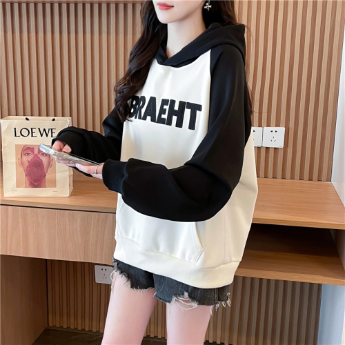 Actual shot of Korean style loose imitation cotton Chinese cotton patch embroidered thin color insert hooded sweatshirt for women