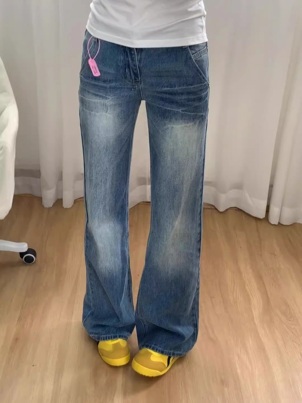 Retro straight-leg jeans for women, large size, new style, washed, distressed, high-waisted, slimming, fat mm, lazy and loose-feeling pants