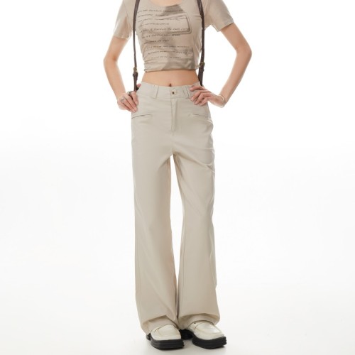 #American straight overalls for women spring and autumn new apricot color small high waist slim casual floor mopping trousers