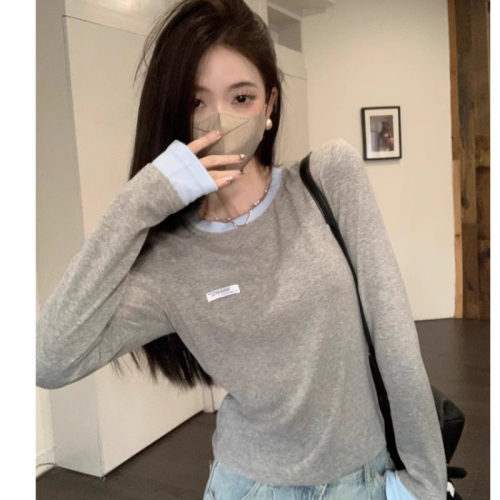 Round neck contrasting edge bottoming shirt for women new autumn long-sleeved T-shirt top